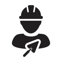 Labor icon with trowel vector male construction mason contractor worker person profile avatar with hardhat helmet in a glyph pictogram illustration