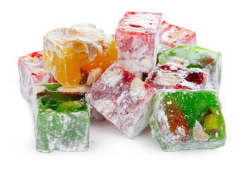 Bunch of colorful Turkish Delight sweets isolated on white