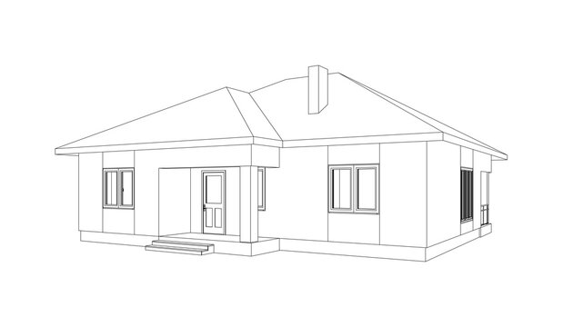 Modern building perspective 3D. Drawing of the suburban house. Outlines cottage on white background. House 3D model perspective vector. Cottage blueprint. EPS 10. 