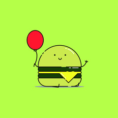 Cute cheese burger holds balloon Illustration, junk food, fast food, restaurant, fast food menu. modern simple food vector icon, flat graphic symbol in trendy flat design style.