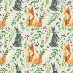 Seamless watercolor pattern with illustration of a cute fox and a gray hare in origami style and wild-forest bright flowers, herbs and leaves on a light green background.