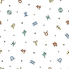 Obraz premium Seamless vector pattern with colourful zodiac signs and stars on white background. 