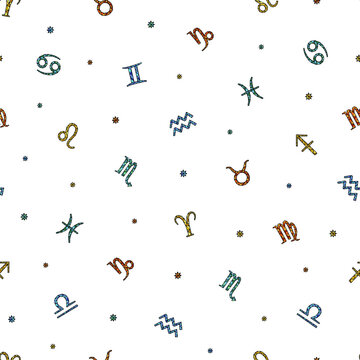 Seamless vector pattern with colourful zodiac signs and stars on white background. 