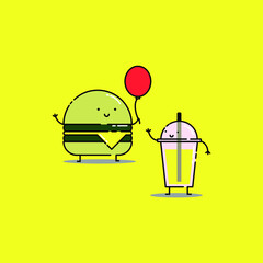 Cute softdrink and cheese burger holds balloon Illustration, junk food, fast food, restaurant, fast food menu. modern simple food vector icon, flat graphic symbol in trendy flat design style.