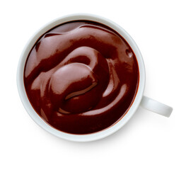 Cup of delicious drinkable and thick hot chocolate. Chocolate bowl isolated on white background. Top view with copy space.