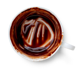 Cup of delicious drinkable and thick hot chocolate. Empty chocolate bowl isolated on white background and copy space.