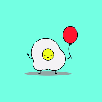 sunny side up egg holds balloon Illustration. Breakfast menu. modern simple food vector icon, flat graphic symbol in trendy flat design style.