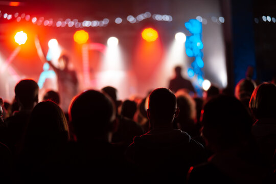 Photo of many people enjoying rock concert in nightclub