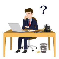 The man thinks. The man was lost in thought in the office. Question mark. A person sits at a desk in an office with a laptop and thinks. Vector image of a person for animation. Еditable strokes. All t
