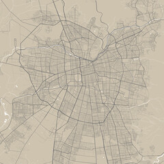 Detailed map of Santiago city, linear print map. Cityscape panorama.