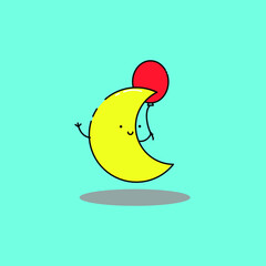 Cute crescent moon holds balloon Illustration. modern simple vector icon, flat graphic symbol in trendy flat design style.