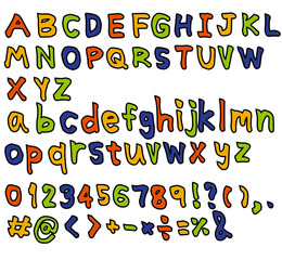 Set of colorful letters.Hand drawn alphabet.English font and number.