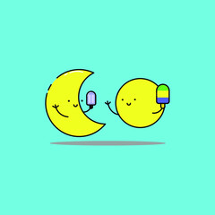 Cute moon and sun holds ice cream illustration. modern simple vector icon, flat graphic symbol in trendy flat design style.