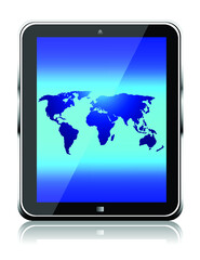 Tablet computer with world map on a white background