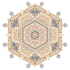 Hex with intricate pattern. Flower with six patterned petals. Mandala.