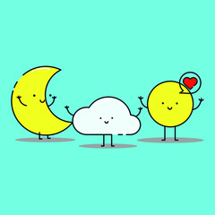 Cute crescent moon, sun and cloud with love icon illustration. modern simple vector icon, flat graphic symbol in trendy flat design style.