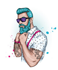 Handsome muscular hipster guy with stylish hairstyle. A man with a beard. Fashion and style, clothing, accessories and tattoos.