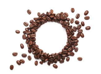 Coffee beans with round copyspace against white background