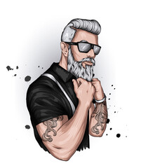 Handsome muscular hipster guy with stylish hairstyle. A man with a beard. Fashion and style, clothing, accessories and tattoos.