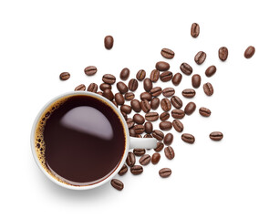 Cup of black coffee and coffee beans over white background