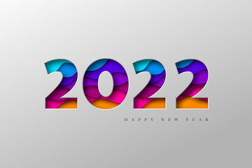 2022 New Year banner. Paper cut numbers with 3d bright colors wavy shapes. Minimal cover design. Template for Christmas flyers, greeting cards, brochures. Vector.