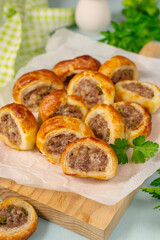Puff pastry mini sausage rolls with ground beef - 422943131