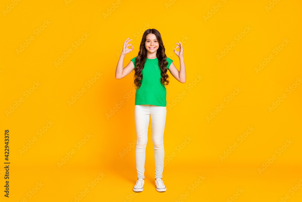 Poster Full size photo of young lovely smiling girl showing okay sign wear white pants green t-shirt isolated on yellow color background