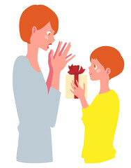 プレゼントを渡す男の子と喜んで受け取る女性