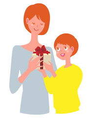 プレゼントを渡す男の子と喜んで受け取る女性