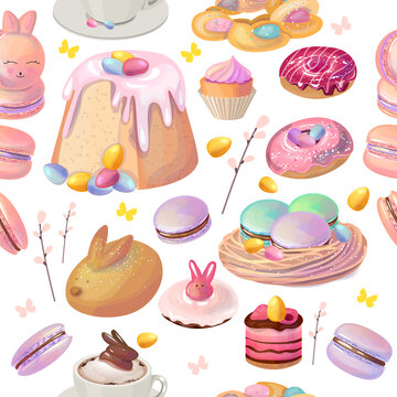 Seamless pattern with traditional easter sweet food. Festive elements in endless texture. Illustration can be used for restaurant and cafe menu and food design projects.