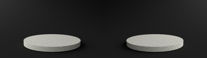 Round stone Pedestal, Podium for display product on the Black floor. Pedestal can be used for commercial advertising, Isolated on black background, Minimalist Black, illustration, 3D rendering.