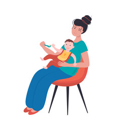 Vector flat illustration mother holds the baby in her lap and spoon feeds porridge on white isolated background. Cartoon emotional illustration.