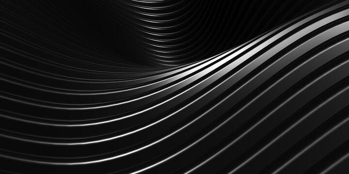Parallel lines Black plastic tube texture Black curve distorted shape Modern abstract 3d illustration