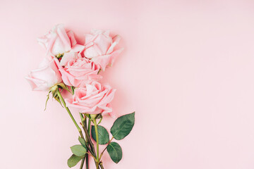 Beautiful bouquet of roses in front of pink background. Free space for text