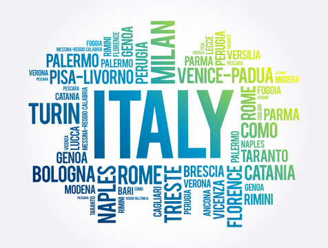 List of cities in Italy, word cloud collage, travel concept background