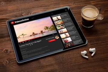 Online video website on the screen of digital tablet with wireless earphones next to it