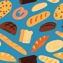 Cute hand-drawn seamless pattern with various traditional French, Italian and others bread soarts.