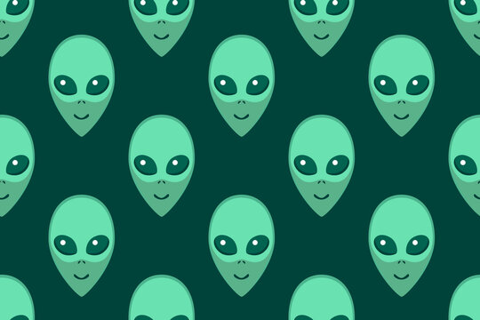 Seamless pattern with Aliens green heads. UFO, Humanoids endless backdrop isolated. Smiling visitors, Martians. Vector illustration, wallpaper on theme of space, conspiracy theory, Sci-fi, fantastic
