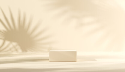 Minimal podium abstract background for product presentation. Leaf shadow on white plaster wall. 3d render. Spring and summer.