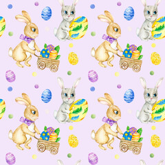 Seamless watercolor pattern with easter rabbits on light pink background.