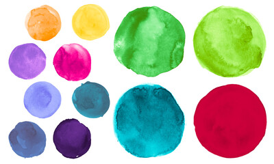 Bright Colorful Watercolor Circles. Set of Abstract Ink Drops. Stroke Rounds Collection. Watercolor Circles. Art Creative Bubble. Hand Paint Spots on Paper. Brush Colorful Watercolor Circles.