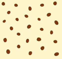 Brown coffee beans on a bodily background. Delicate, fragrant, oval,  voluminous coffee beans. 
Pattern for coffee shop, cafe, restaurant. Flat vector illustation