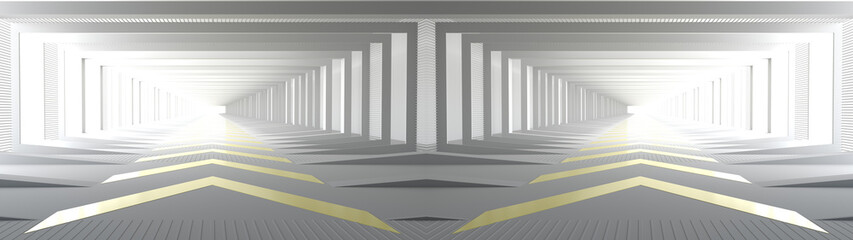 3D rendering of white empty room space and the pathway area indefinitely with the gap glowing in the dark and shadow. Museum space design. Forward arrow symbol and the gap, On the white floor.