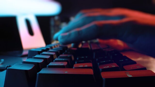 Cyber Security Working Writing Emails Using Internet Businessman Hands Typing On Computer Backlit Night Hacking The System Macro 