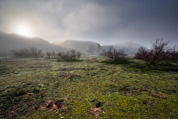sol, niebla y riscos. Madrid. España. Europa.