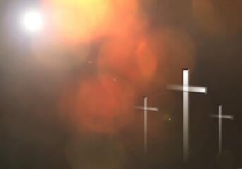 Halloween or Easter background and Three crosses, Scary or Resurrection concept, in soft blurred style, design style, with space for the text.