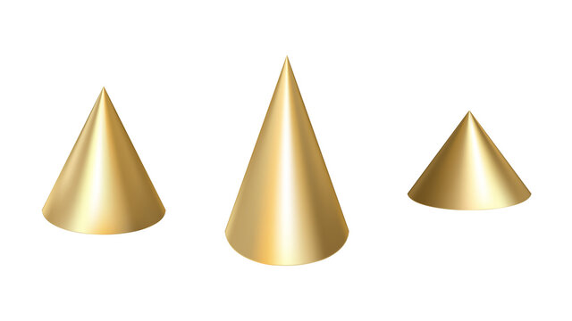 A set of gold cones of different shapes and designs. Realistic cast geometric shapes in the form of cones