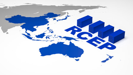 a map with the states of the Regional Comprehensive Economic Partnership - RCEP plus freight container / concept trade - 3d illustration