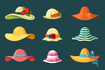 Summer womens hats set. Bright red headdress blue ribbon green wide brimmed accessory with bouquet of lush flowers striped yellow straw and fabric protection from hot sun. Elegant vector.