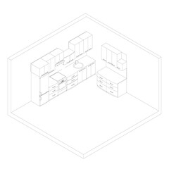 Contour of the kitchen with cooking utensils. Kitchen interier. Isometric view. Vector illustration